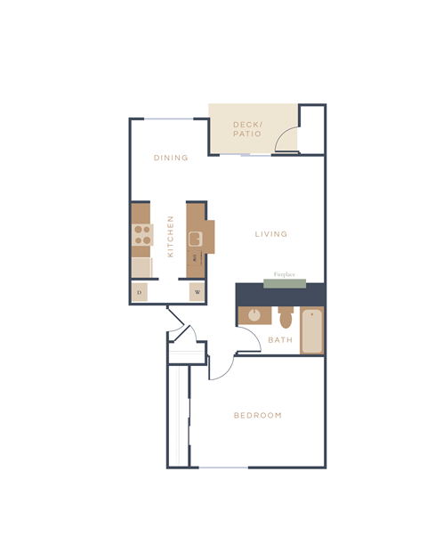 A floor plan of a house with a deck/patio, dining area, kitchen, living room, bathroom, and bedroom.